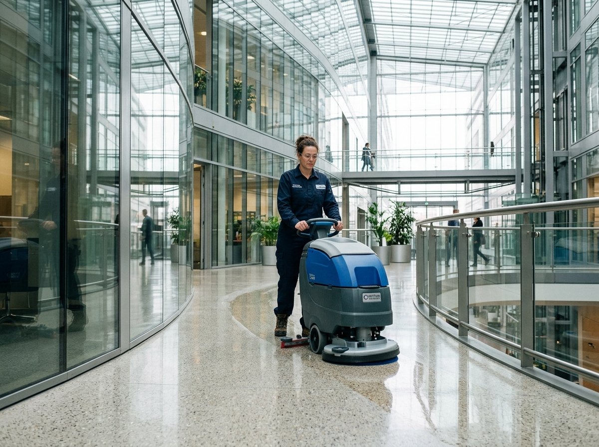 Commercial facility cleaning staff operating maintenance equipment